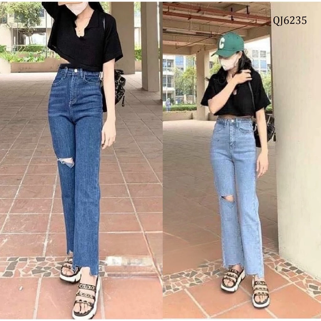 Quần Jeans Ống Đứng Rách Co Giãn QJ6235