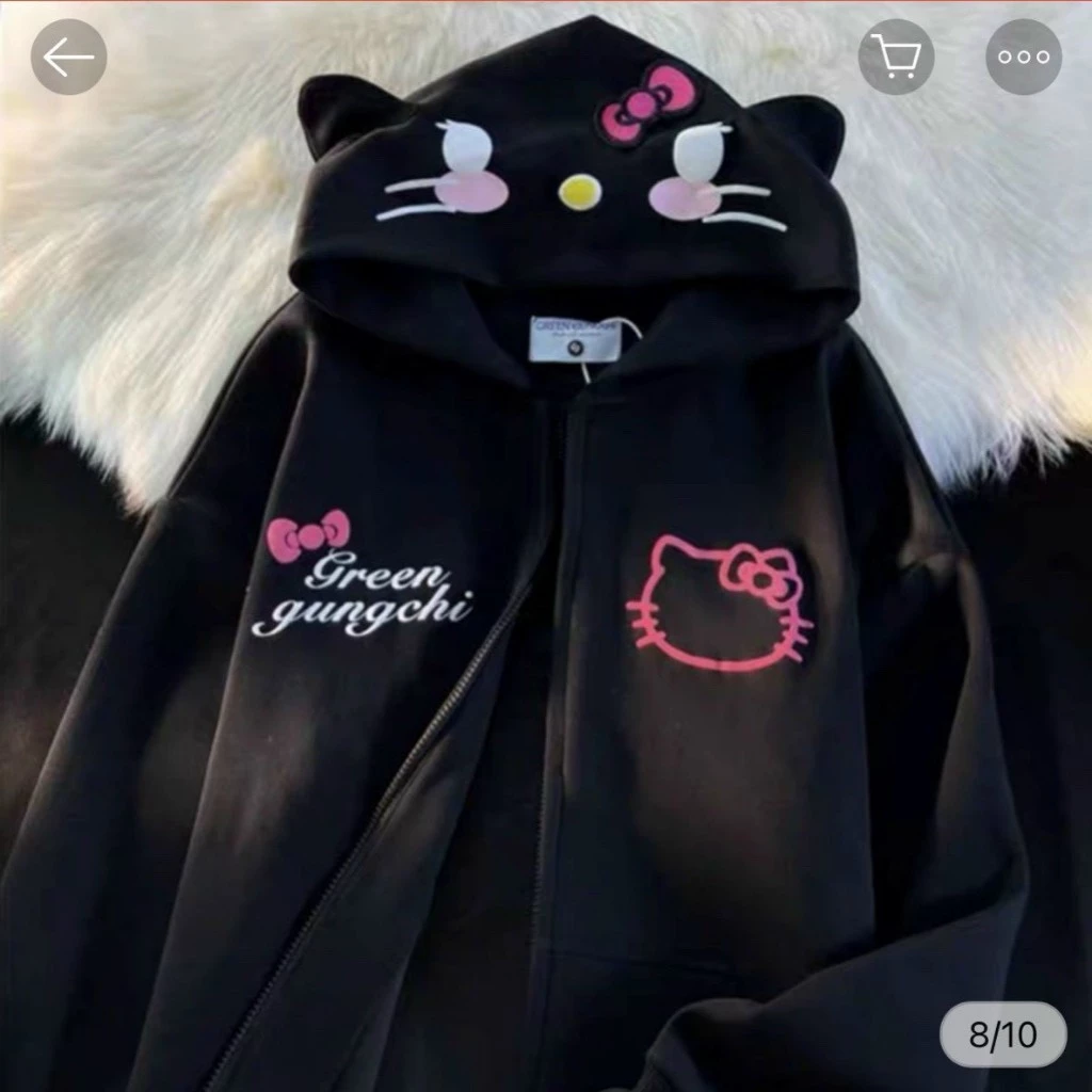 Áo Hoodie Nam Nữ IN Mèo Kitty Có Nón Tai Mèo Dễ Thương Phối Khóa Kéo Tiện Lợi