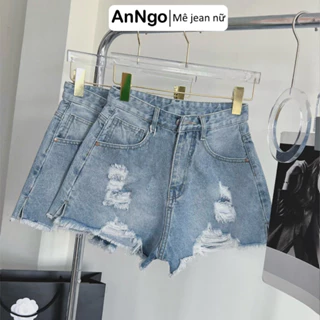 Quần short jean nữ lưng cao phối rách denim cotton không co giãn, rin ngắn phối rách AnNgo - AT87
