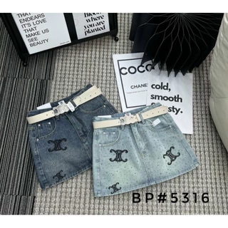 Chân váy jeans ngắn thêu logo đính đá hàng QCL1