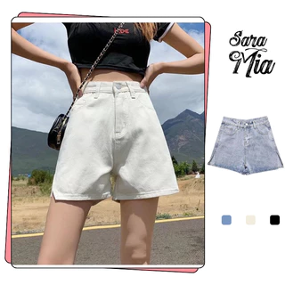 Quần short jean nữ cạp cao sooc bò ống rộng sẻ gấu 3 màu xanh be đen SARAMIA STORE S5