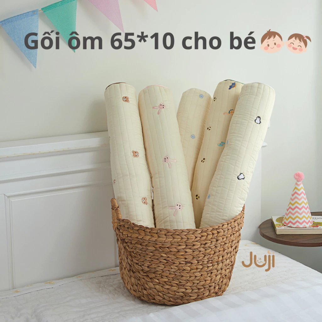 Gối ôm cho bé 65x10 phong cách Hàn Quốc, lụa Modal chần bông cao cấp, cho bé từ sơ sinh đến tiểu học, ruột gối lông vũ