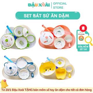 (MOI)Combo bát sứ ăn dặm cho bé kèm khay mây tặng thìa báo nóng, chén ăn dặm set nhiều hình ngộ nghĩnh