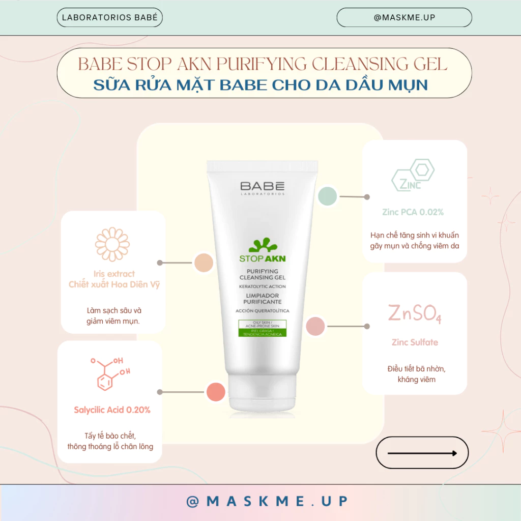 Sữa rửa mặt Babe Stop AKN Purifying Cleansing Gel cho da dầu mụn nhạy cảm