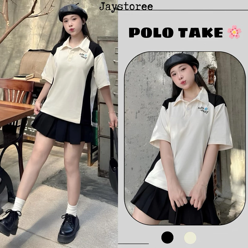 Áo Thun Polo Unisex TAKE 🌸 màu KEM/ĐEN form rộng 🏁 Chất thun cotton form nam nữ unisex/Áo phông có cổ Jaystoree 🖤