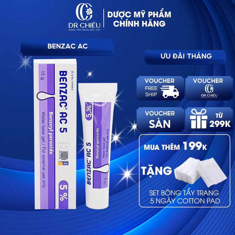 Gel chấm giảm mụn Benzac 2.5% và 5% Benzoyl Peroxide 15g/60g