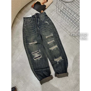 Quần baggy jean rách vá, quần jean nữ lưng cao VIENS STORE