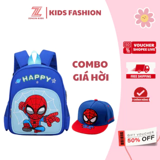 Combo Balo kèm mũ cho bé đi học mầm non ZENZIN KIDS  hình siêu nhân nhện SPIDERMAN, cặp mẫu giáo chất vải an toàn