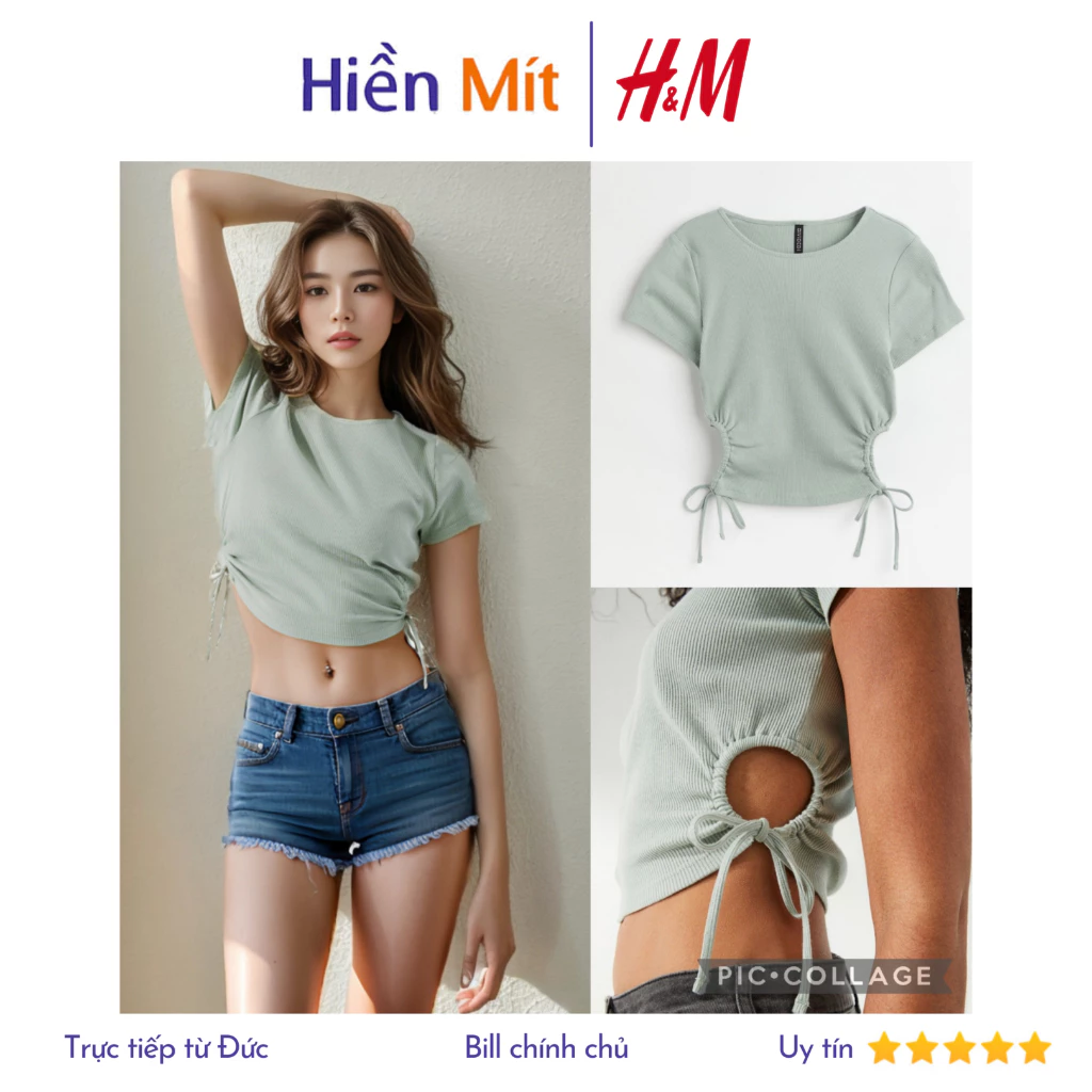(Size XXS, XS) H&M Đức - Áo croptop kiểu cutout eo  xanh nhạt trắng sale auth cao cấp chính hãng có sẵn 1093929004X