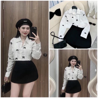 Áo Sơmi Croptop Đính Nơ Phối Bèo Xinh ❤ Áo Sơmi Dài Tay Xếp Li Bèo