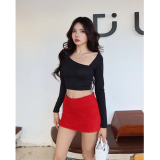 Áo croptop nữ cổ lệch tay dài trơn ôm body I Hhvintage