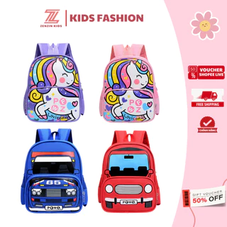 Balo mầm non cho bé từ 1-5 tuổi ZENZIN KIDS in hình ngựa hồng ô tô sư tử đáng yêu, cặp mẫu giáo trẻ em đi học dễ thương