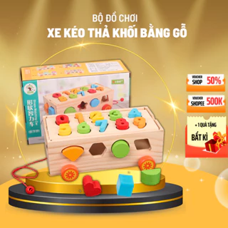 Bộ đồ chơi xe kéo thả hình khối bằng gỗ giáo dục sớm cho bé nhận biết số đếm và hình khối nhiều màu sắc