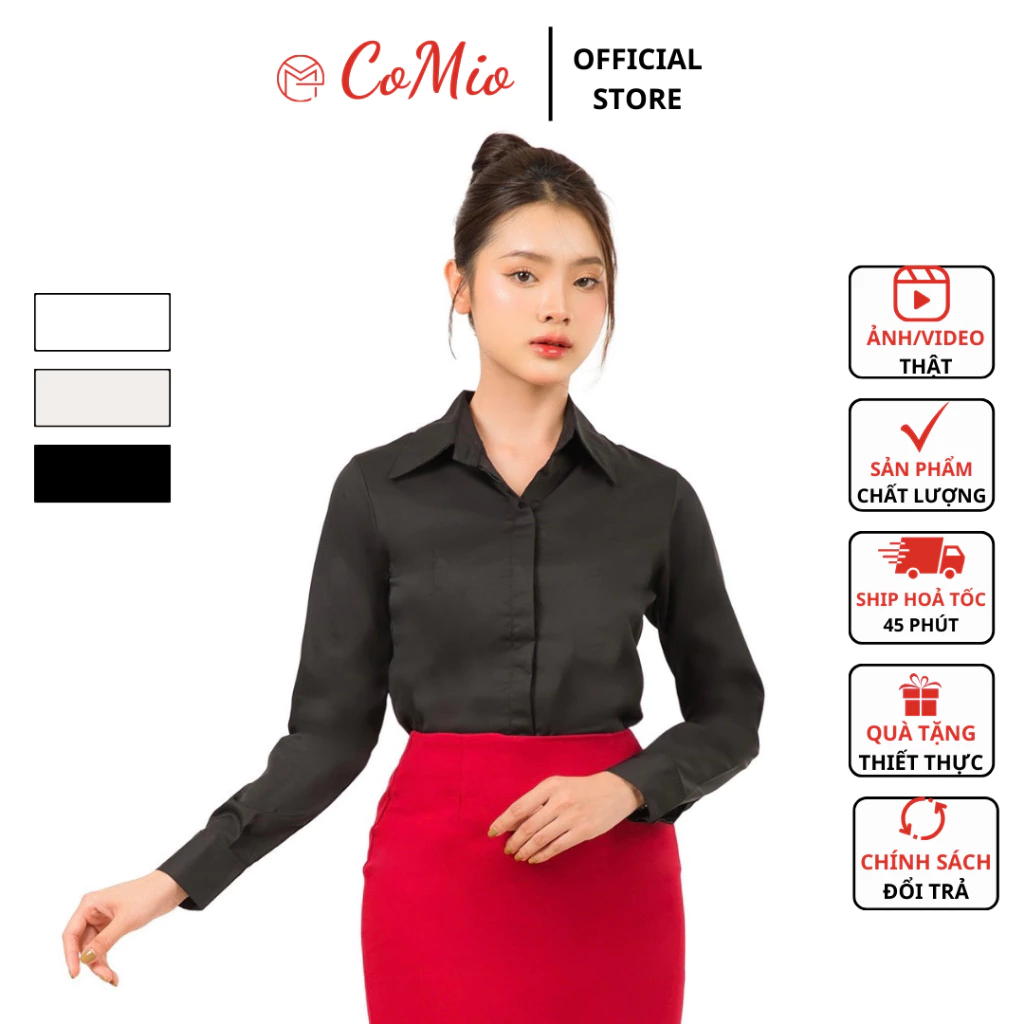 Áo sơ mi đen tay dài nữ CoMio công sở không nhăn, giấu nút chất vải cotton mềm mịn đứng fom thiết kế thanh lịch