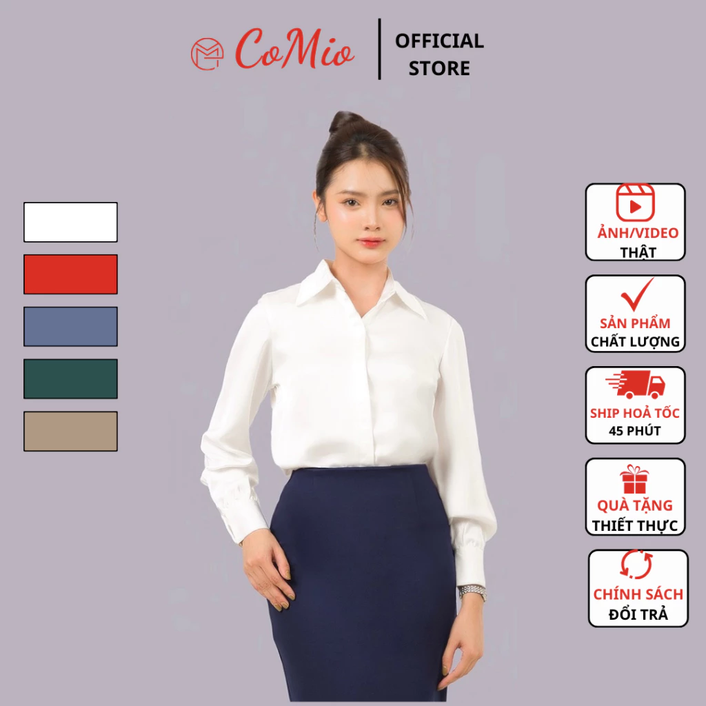 Áo sơ mi lụa trắng nữ công sở dài tay kiểu hàn quốc CoMio form rộng chất lụa đẹp cao cấp màu trắng nâu tây xanh đỏ rêu