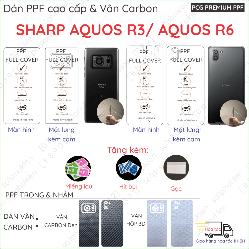 Dán PPF & Vân Carbon Sharp Aquos R3 / Sharp Aquos R6 cho màn hình,mặt lưng, full viền loại trong, nhám chuẩn xịn