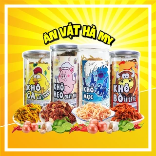 Combo giá sập sàn - Combo 4 hũ đồ ăn vặt khô gà, khô bò, khô heo, khô mực, da heo đồ ăn vặt Hà My