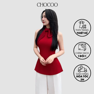 Áo yếm nơ đỏ thiết kế CHOCOO MARLY BOW TOP dáng peplum cổ điển chất liệu cotton tuyết tinh tế, sang trọng, thanh lịch