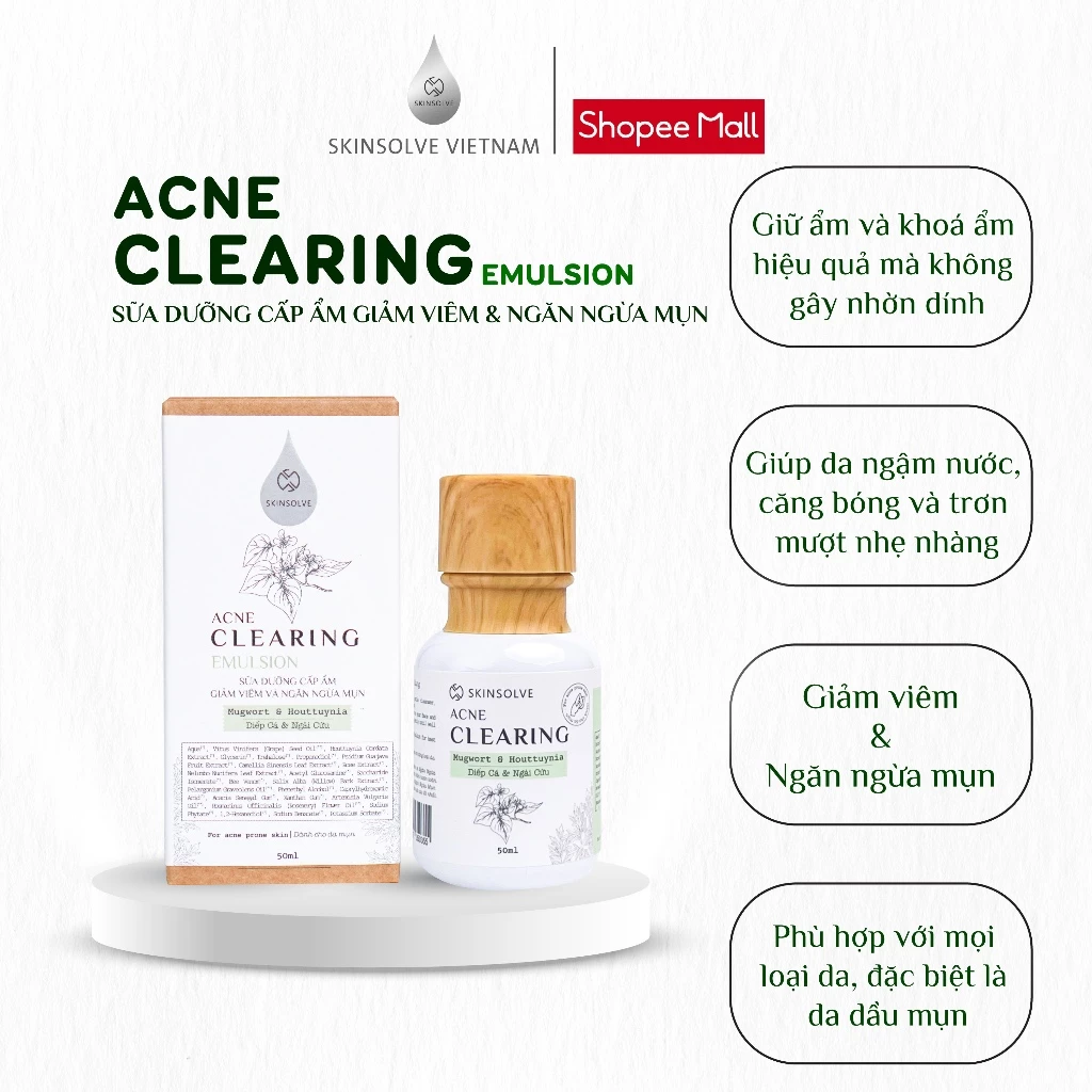 Sữa Dưỡng Cấp Ẩm, Giảm Viêm & Ngừa Mụn SKINSOLVE Từ Diếp Cá, Ngải Cứu 50ml - Acne Clearing Emulsion