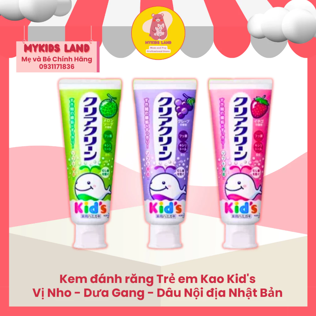 Kem đánh răng Trẻ em Kao Kid's Vị Nho - Dưa Gang - Dâu Nội địa Nhật Bản 70g