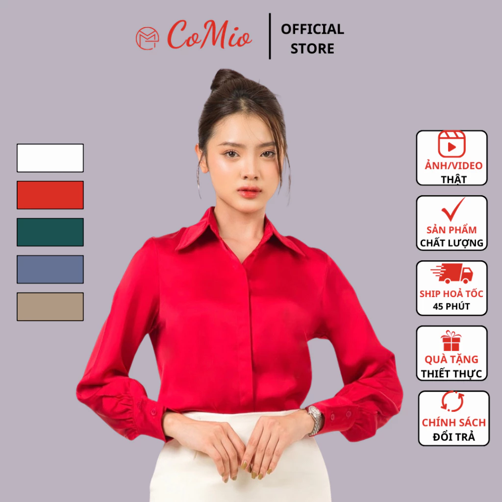 Áo sơ mi lụa đỏ nữ công sở dài tay CoMio chất lụa đẹp cao cấp kiểu hàn quốc form rộng nó nẹp che nút thiết kế thanh lịch