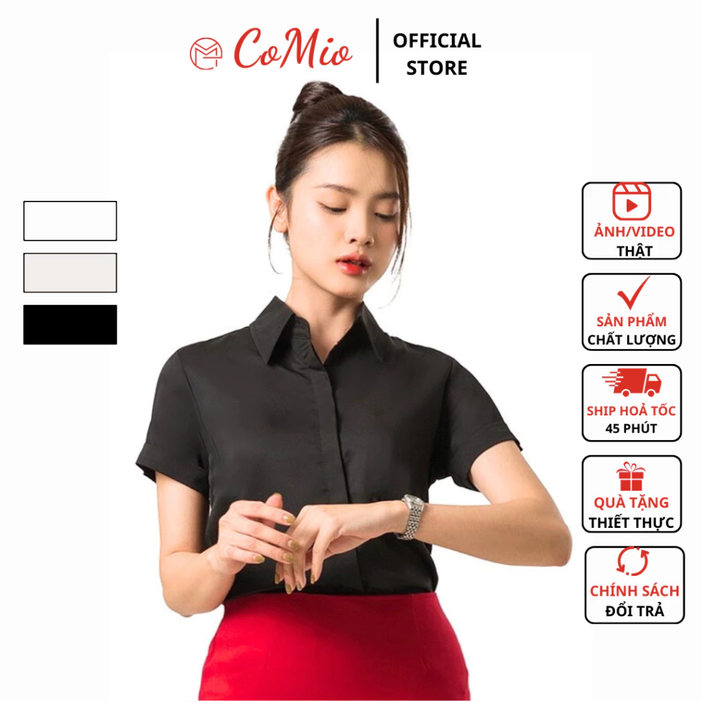 Áo sơ mi đen tay ngắn CoMio công sở cộc tay , chất vải cotton thoáng mát thấm hút mồ hôi có nẹp che nút kiểu hàn quốc