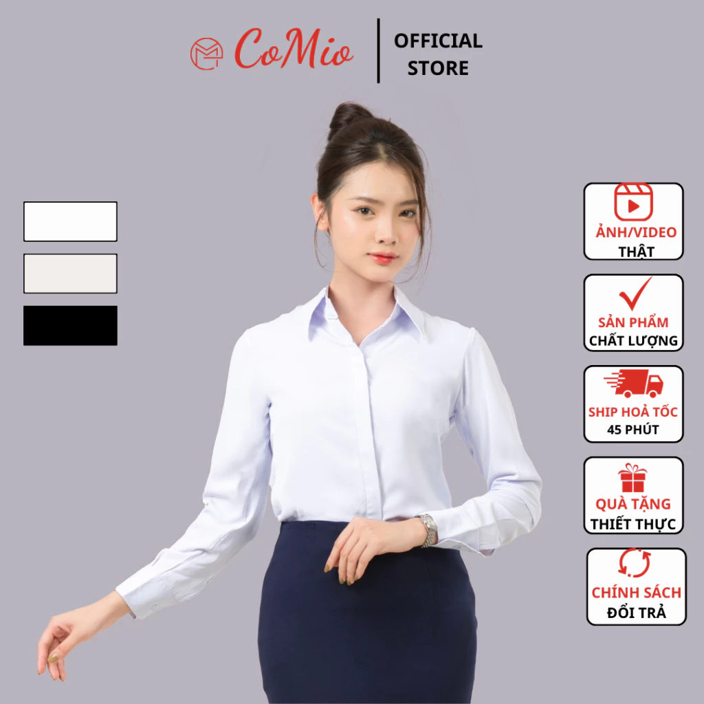 Áo sơ mi trắng tay dài nữ CoMio fom suông giấu nút công sở chất vải cotton thấm hút mồ hôi, mềm mịn không nhăn đứng fom