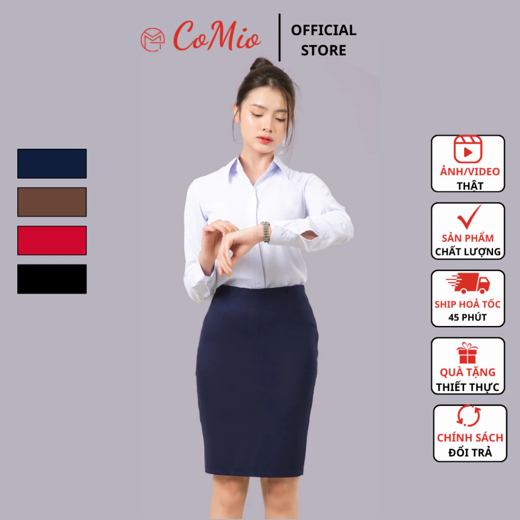 Chân váy bút chì màu xanh CoMio công sở dài ngang gối 55cm cạp cao xẻ tà chất umi co giãn siêu nâng mông