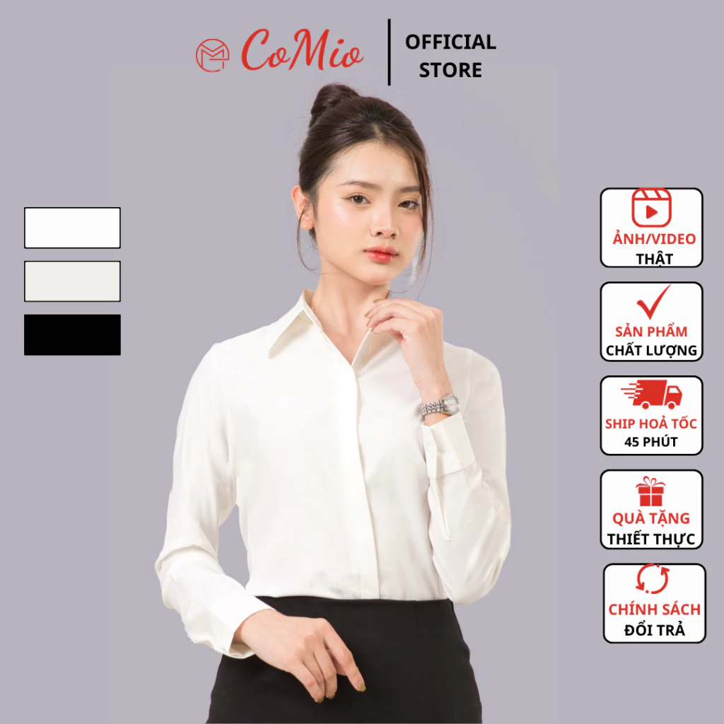 Áo sơ mi tay dài trắng kem nữ CoMio công sở fom suông chất vải cotton thấm hút mồ hôi, không nhăn, giấu nút kiểu basic