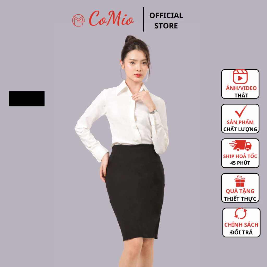 Chân váy bút chì màu đen CoMio công sở dài 45cm có xẻ tà sau chất umi co giãn siêu nâng mông thiết kế trẻ trung