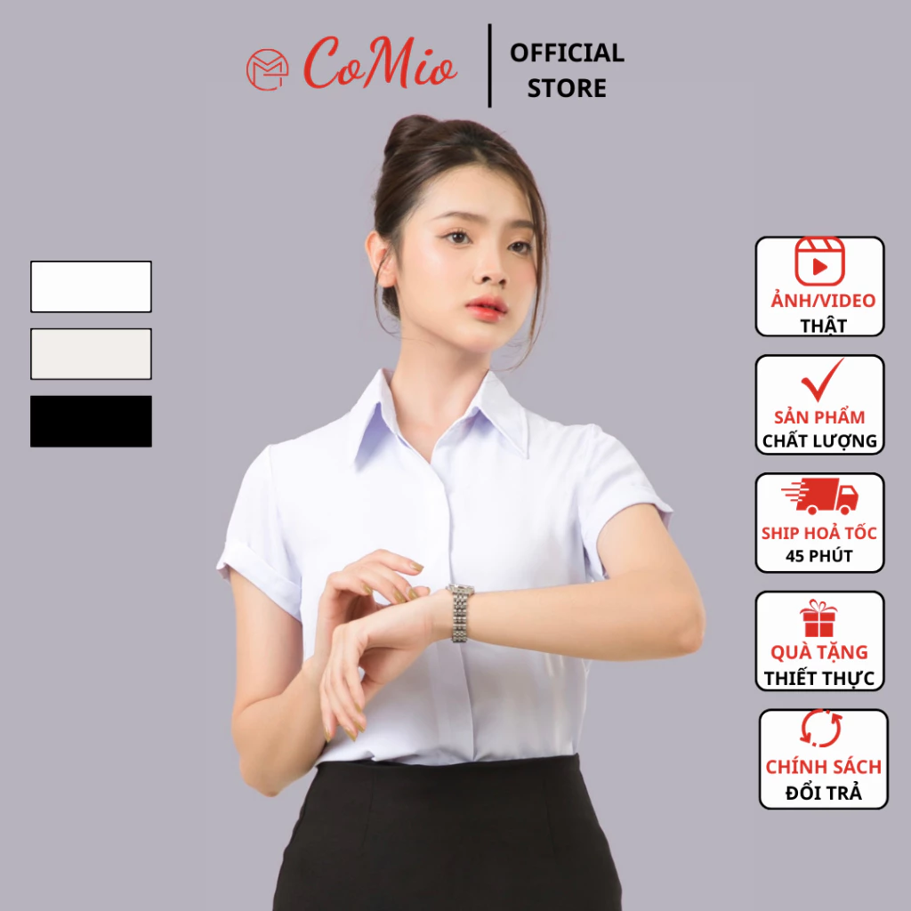 Áo sơ mi trắng nữ tay ngắn CoMio công sở chất vải cotton thoáng mát thấm hút mồ hôi không nhăn kiểu dáng hàn quốc