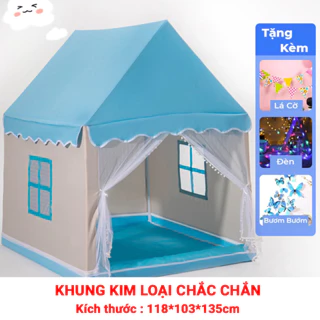 Lều công chúa hoàng tử cho bé, lều trẻ em chơi trong nhà chất liệu vải canvas tặng kèm đèn nhấp nháy, cờ, bướm