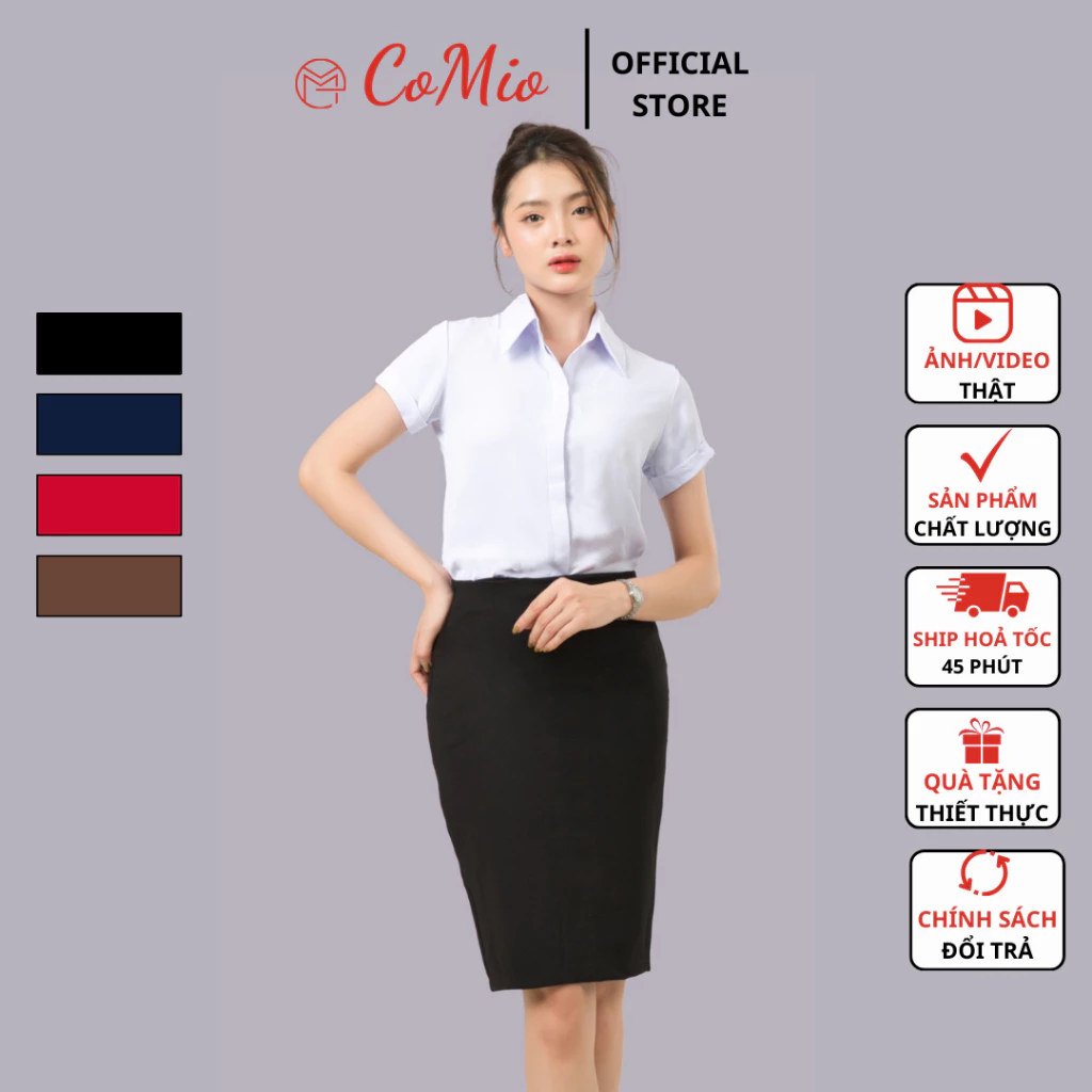 Chân váy bút chì dài ngang gối 55cm màu đen CoMio cạp cao có túi, xẻ sau, chất umi cao cấp co giãn siêu nâng mông