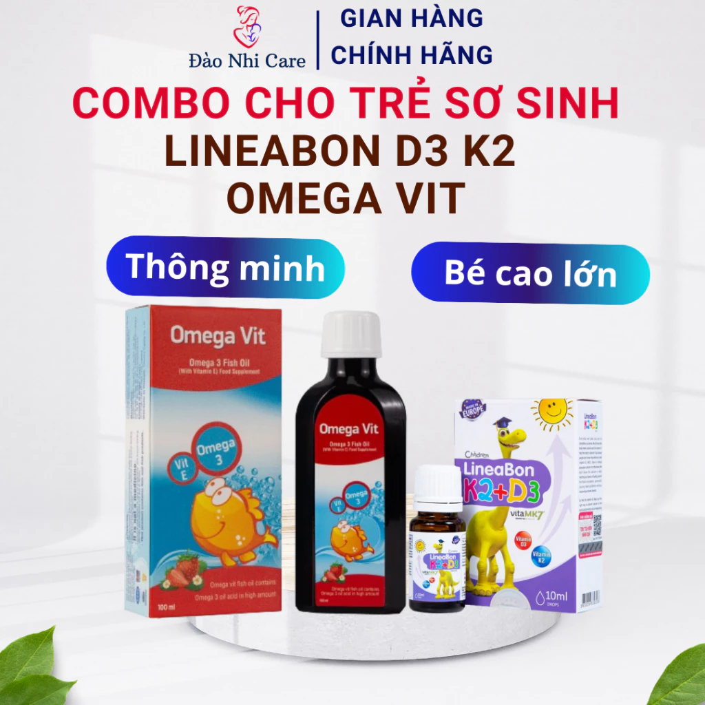 Combo cho bé 0m: Omega Vit 100ml & D3 K2 Lineabon 10ml giúp bé thông minh, cao lớn