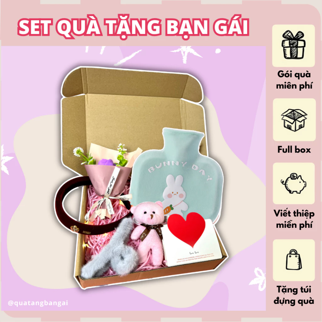 Set Quà Tặng Bạn Gái Túi Chườm Bụng 1000ml Hình Vuông Thỏ Bunny Xám, Chườm Ấm, Giảm Đau Bụng Kinh - Quà Tặng Bạn Gái