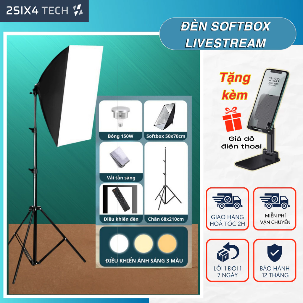 Đèn Softbox Hỗ Trợ Chụp Ảnh, Quay Phim, Livestream Studio Chuyên Nghiệp Kèm Chân Tripod Cao 2m1 50x70cm