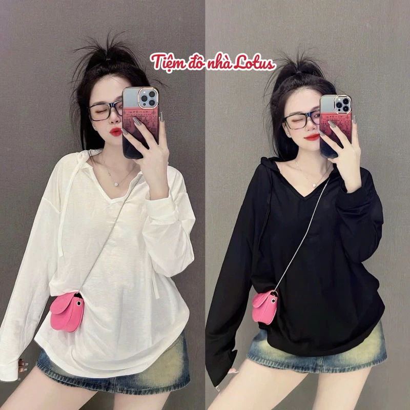 Áo thun giấy nữ tay dài cổ V có nón thời trang thu đông form rộng có mũ - Tiệm đồ nhà Lotus