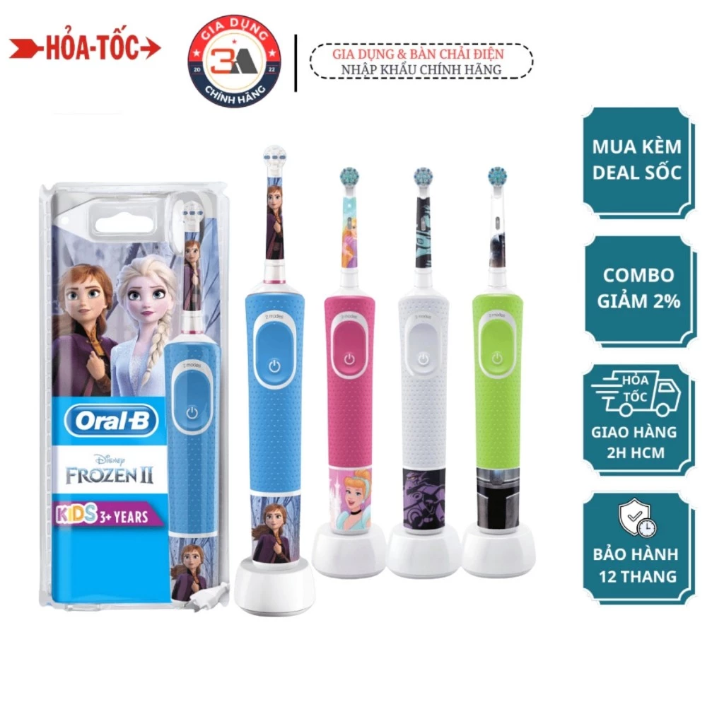 Bàn Chải Điện Cho Bé Từ 3+ Tuổi Kids Electric - 2 Chế Độ, 4 Tem Dán Hoạt Hình Đẹp, Nhiều Màu Sắc(Hungary)