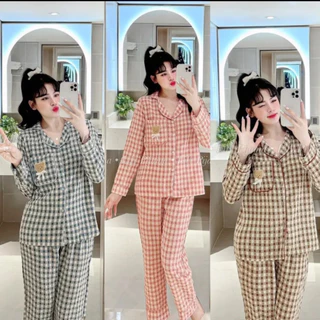 Đồ Ngủ Nữ Bộ mặc nhà pyjama Tay dài kẻ caro chất vải gân nhung cao cấp