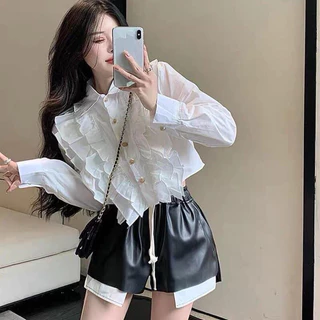 Áo Sơ Mi Dáng Ngắn Croptop Pha Bèo Khuy Vàng Hàng QCCC