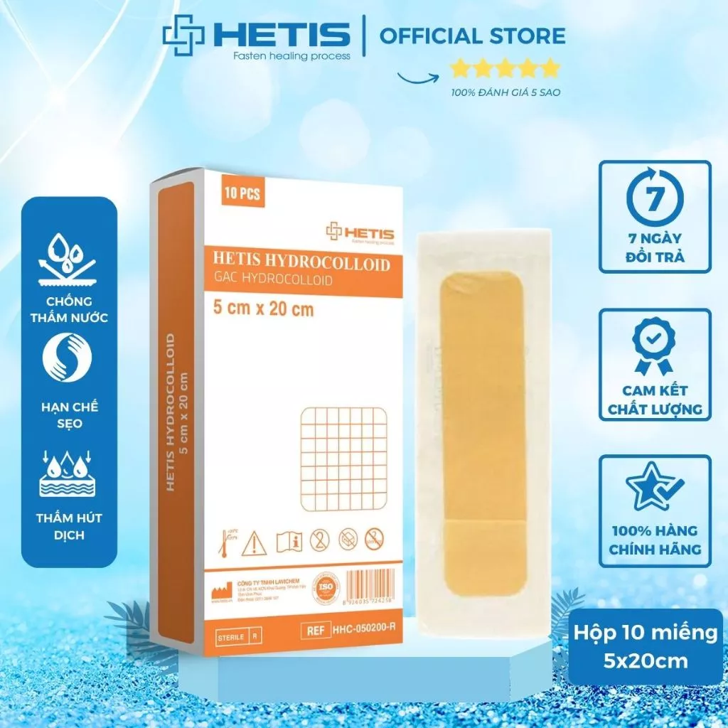 Miếng dán vết thương, vết trầy xước, vết mụn mủ, bong rộp gót chân Hetis Hydrocolloid 5x20cm (Giá 1 miếng)