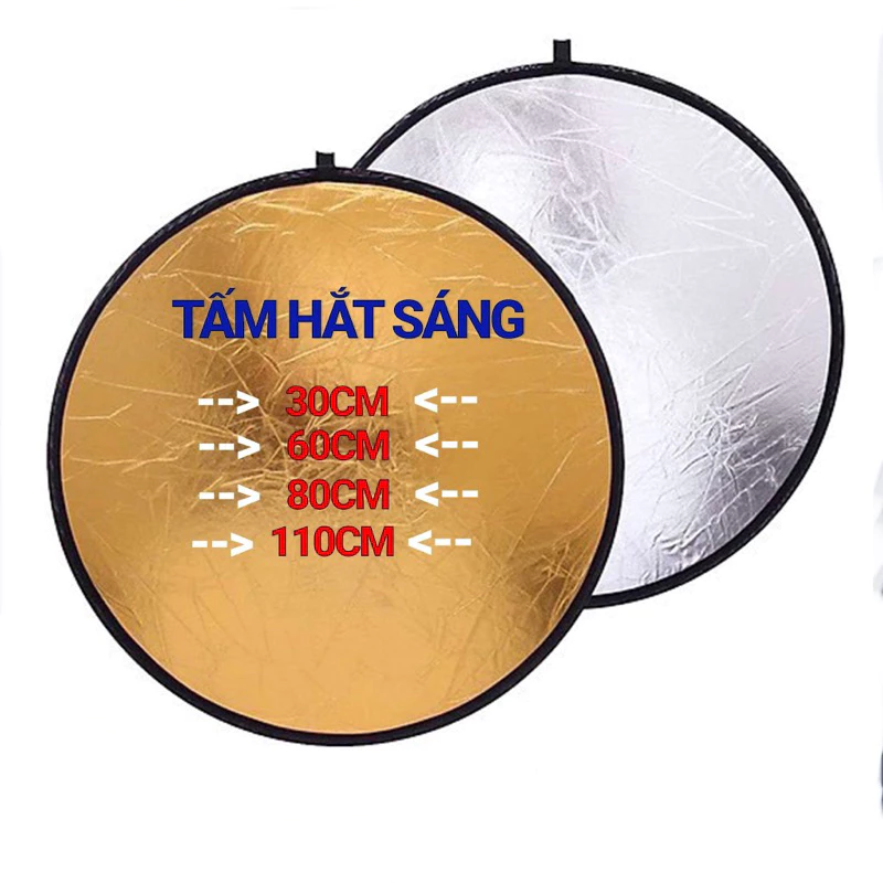 Tấm hắt sáng, tấm phản quang tròn kích thước 30cm/60cm/80cm/100cm 2 màu trong 1 vàng/bạc dùng tăng sáng cho chụp hình