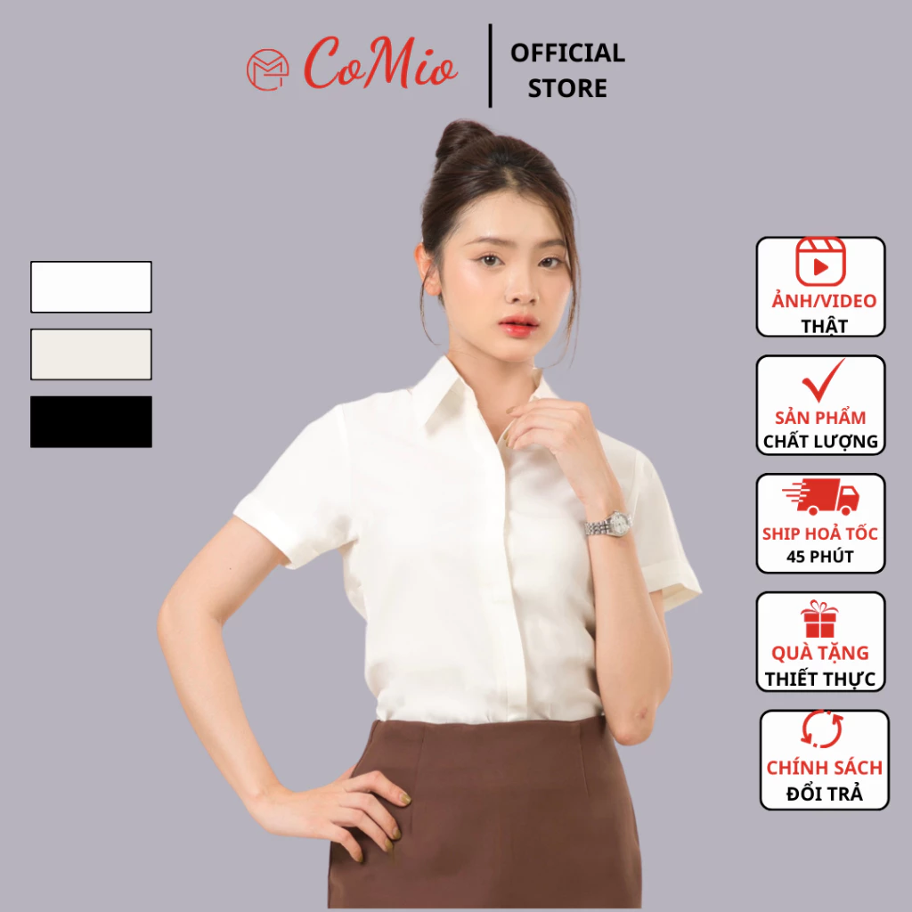 Áo sơ mi trắng kem nữ tay ngắn CoMio công sở cộc tay chất vải cotton thoáng mát thấm hút mồ hôi kiểu dáng hàn quốc