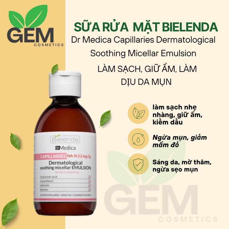 Sữa rửa mặt Bielenda Dr Medica Capillaries Dermatological Soothing Micellar Emulsion 250ml làm dịu da mụn màu hồng