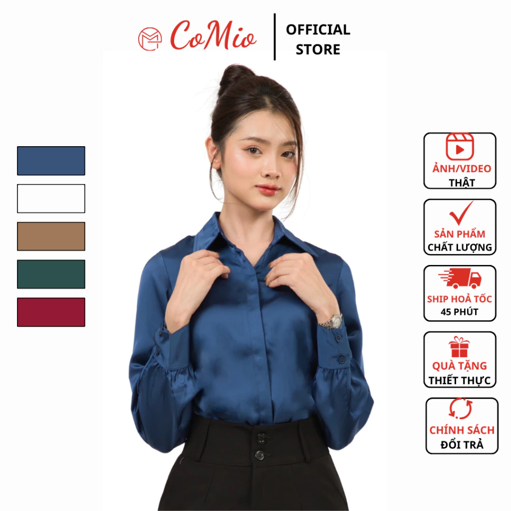 Áo sơ mi lụa màu xanh CoMio công sở form rộng chất lụa đẹp cao cấp kiểu hàn quốc thiết kế sang trọng sang chảnh
