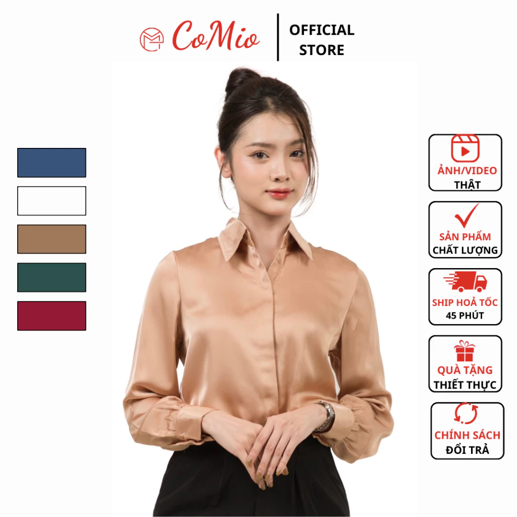 Áo sơ mi lụa nâu tây CoMio công sở form rộng kiểu hàn quốc chất lụa đẹp cao cấp màu nâu tây thiết kế sang trọng,sang chả