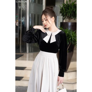 Áo sơ mi nhung dài tay phối cổ nơ Chiffon