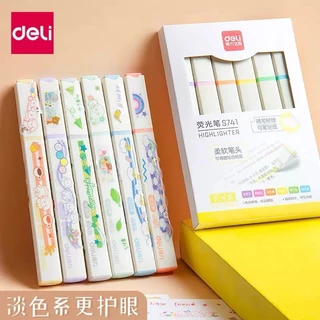 Bộ bút highlight nhớ dòng kèm sticker trang trí đánh dấu màu pastel Deli cho các bạn học sinh, sinh viên