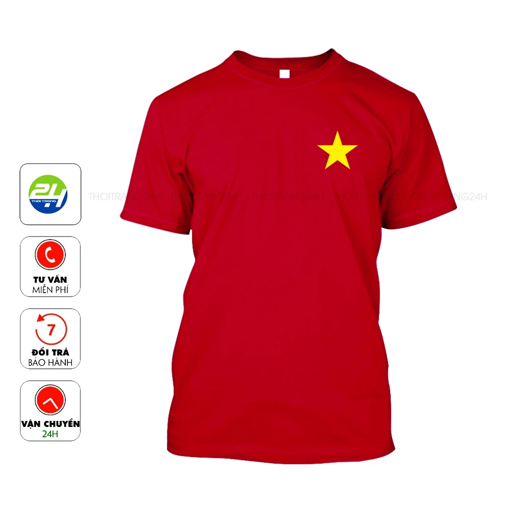Áo Thun Màu Đỏ Sao Vàng Ngực Trái THOITRANG24H Áo Bóng Đá Form Xuông Cho Nam Và Nữ