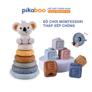 Đồ chơi montessori tháp gấu xếp chồng vòng tròn và xếp hình khối cao cấp Pikaboo phát triển đa giác quan